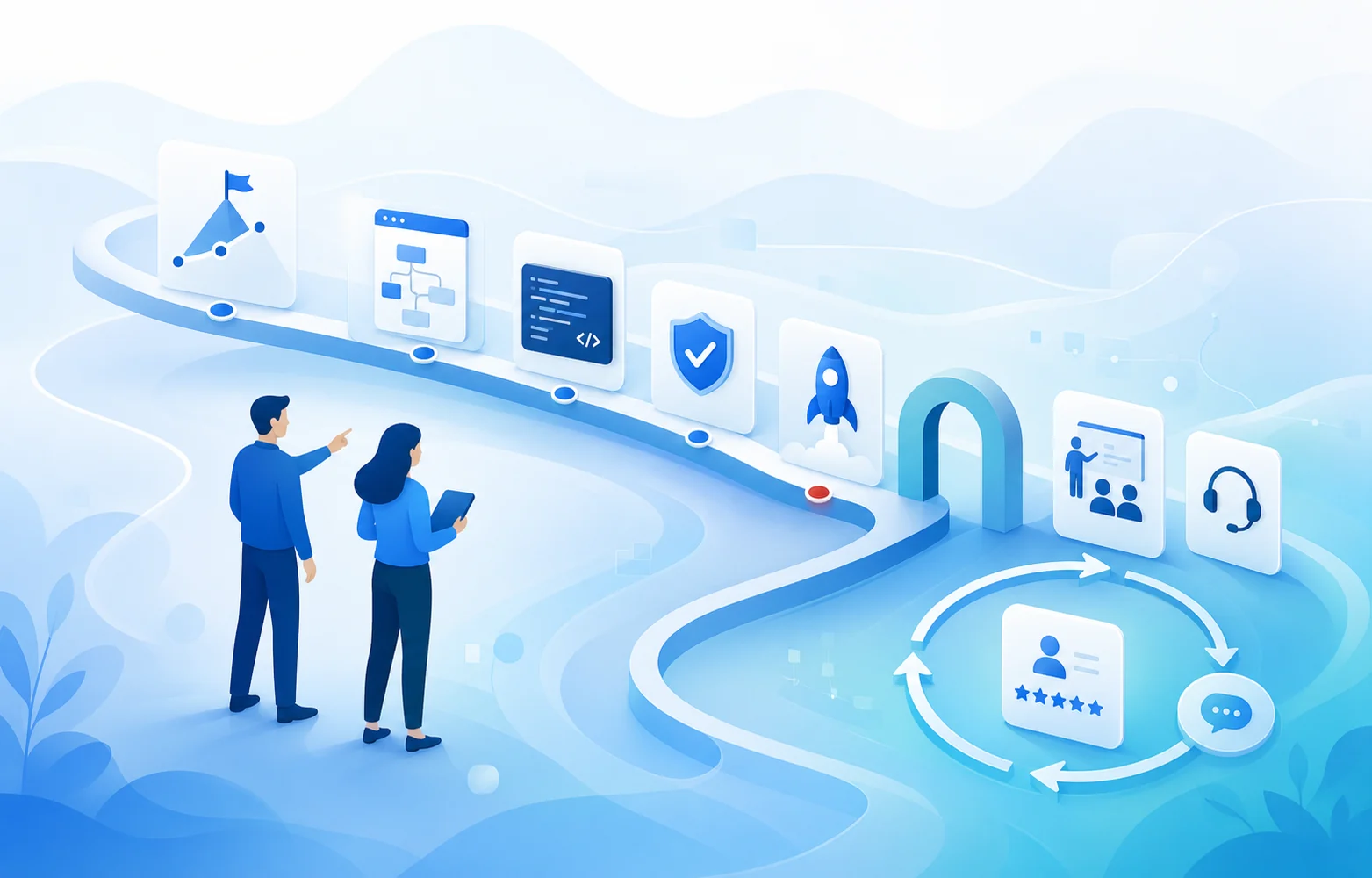 Ein IT-Vorhaben durchläuft Roadmap, Entwicklung, Tests, Einführung und eine Feedbackschleife